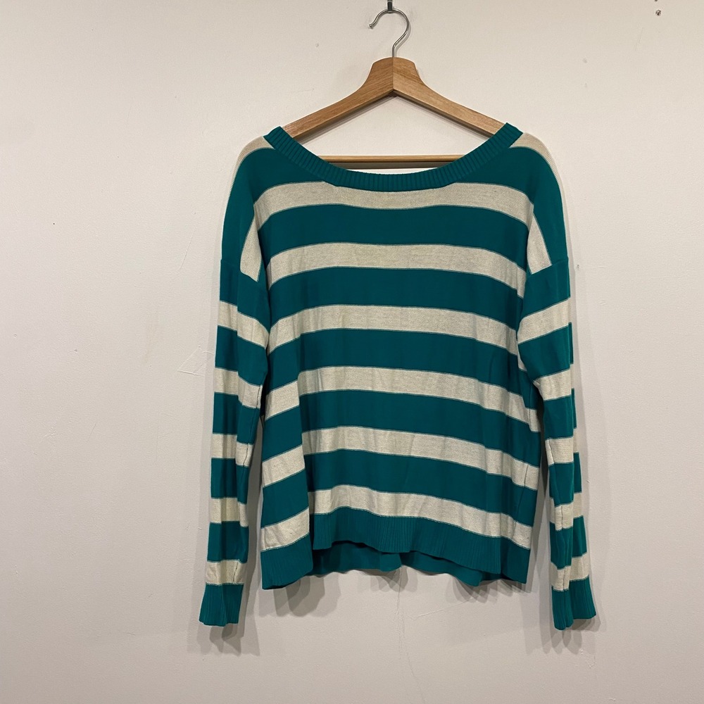 BCX Women Teal Cream Striped Button Back Scoop Neck Knit Sweater Large